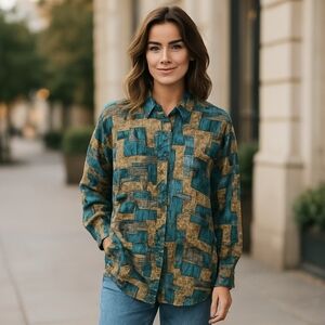 Vtg 100% Silk Patterned Button-Up Shirt Green/Gold/Black Long Sleeves Sz XL